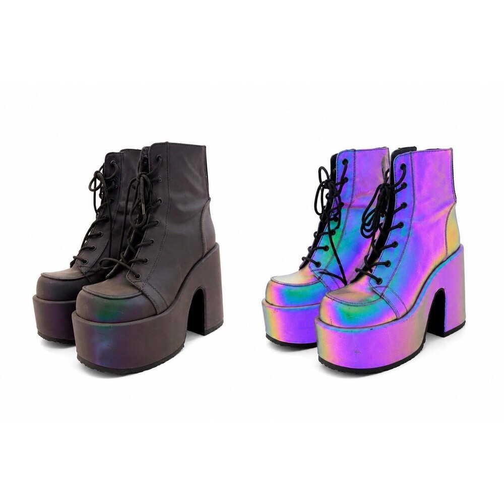 DEMONIA Camel 203 Reflective Platform Ankle Boots Purple Green Goth Punk 7 Zip